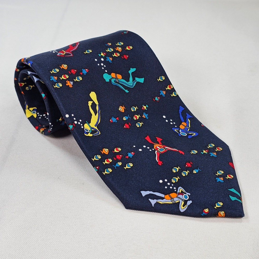 Alynn Neckwear Mens Dive Buddies Scuba Diving Silk Tie Navy Blue Fish USA Made